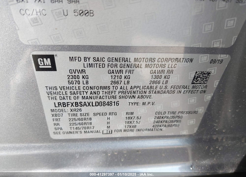 2020 BUICK ENVISION FWD PREFERRED VIN: LRBFXBSAXLD084816