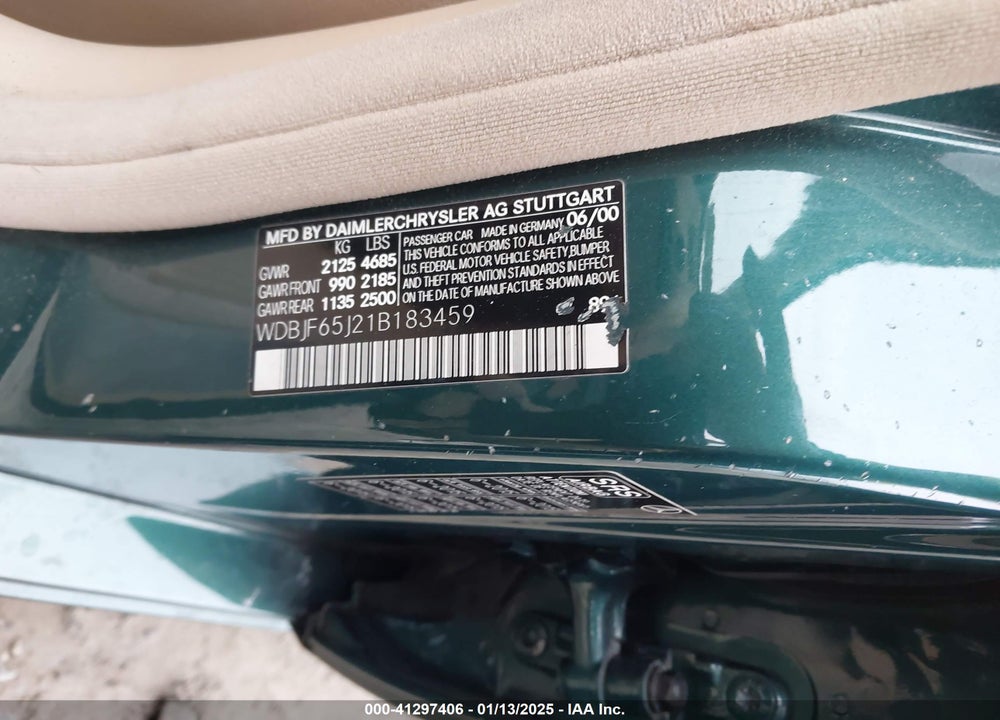 2001 MERCEDES-BENZ E 320 VIN: WDBJF65J21B183459