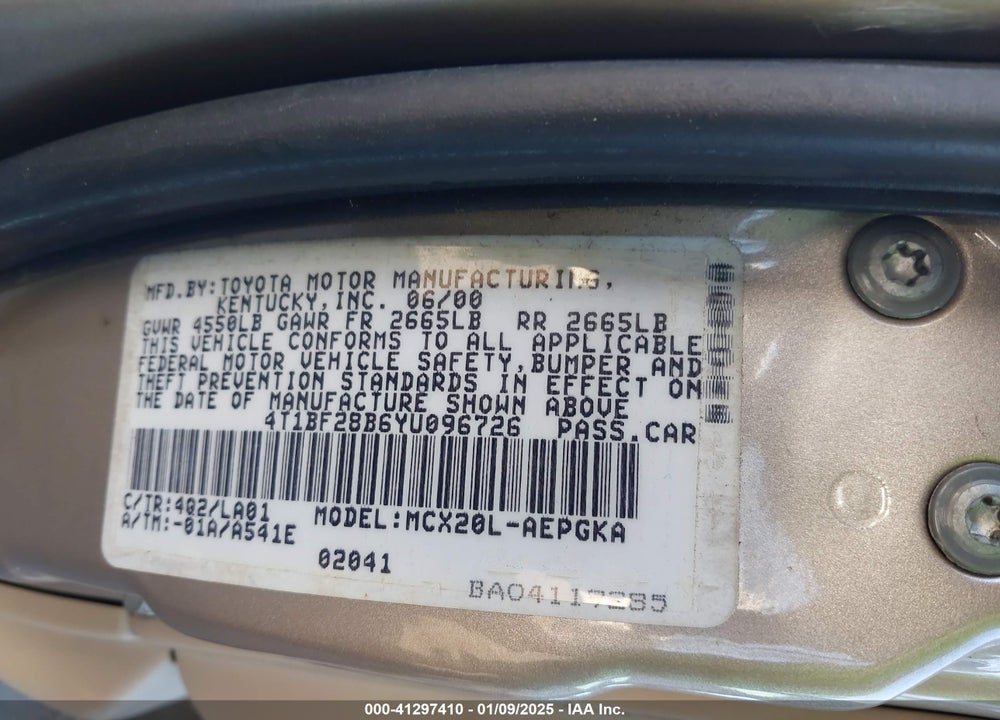 2000 TOYOTA AVALON XLS VIN: 4T1BF28B6YU096726