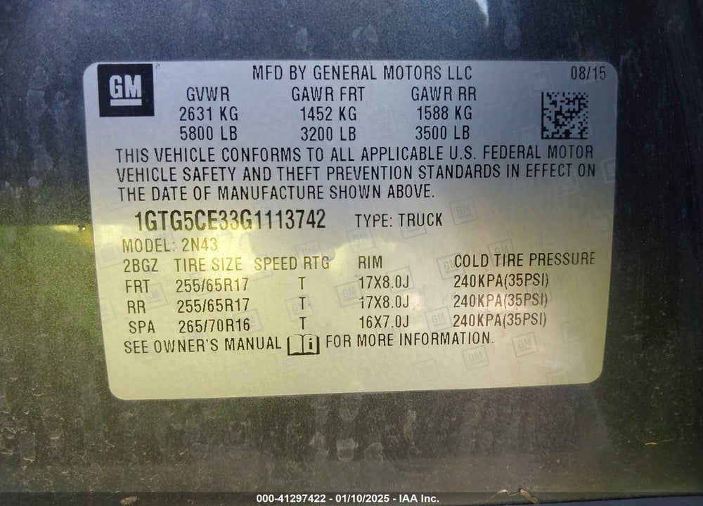 2016 GMC CANYON VIN: 1GTG5CE33G1113742