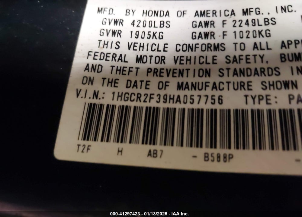 2017 HONDA ACCORD LX VIN: 1HGCR2F39HA057756