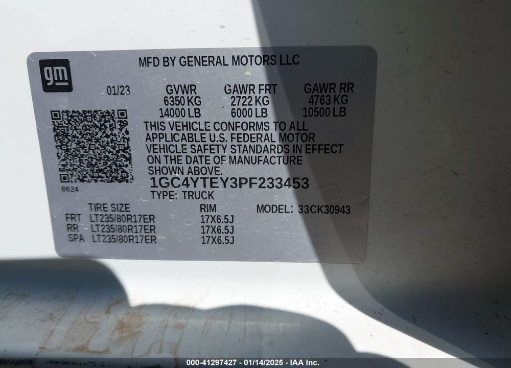 2023 CHEVROLET SILVERADO 3500HD VIN: 1GC4YTEY3PF233453