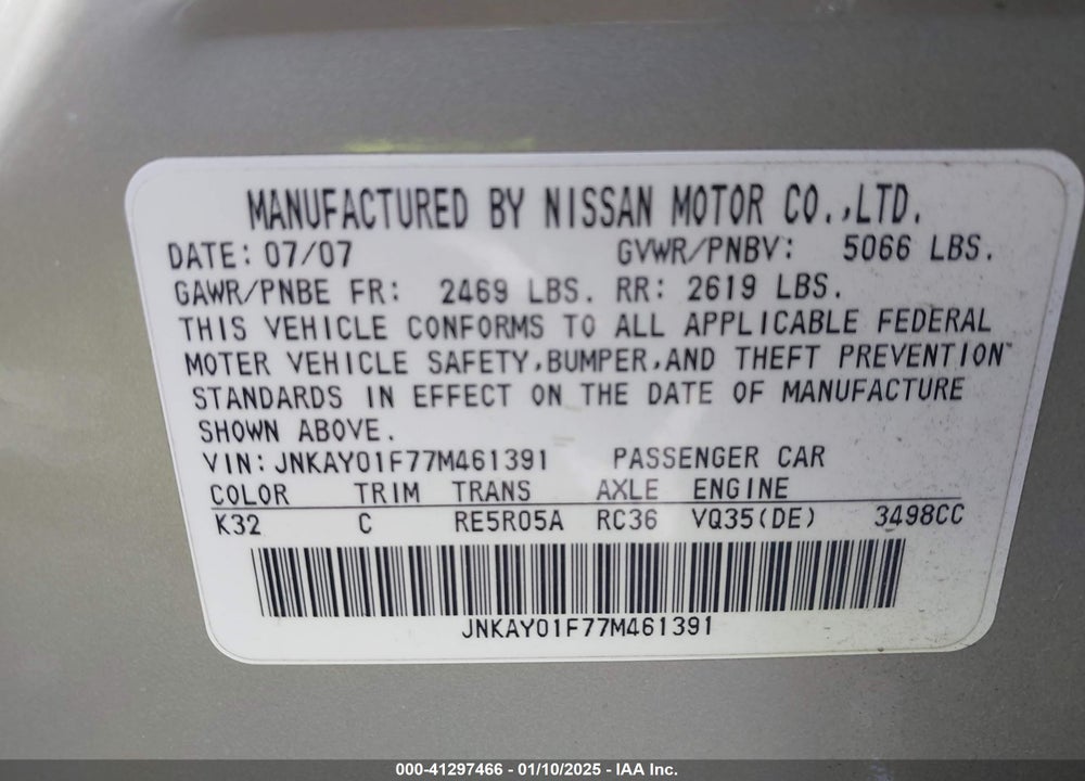 2007 INFINITI M35 VIN: JNKAY01F77M461391
