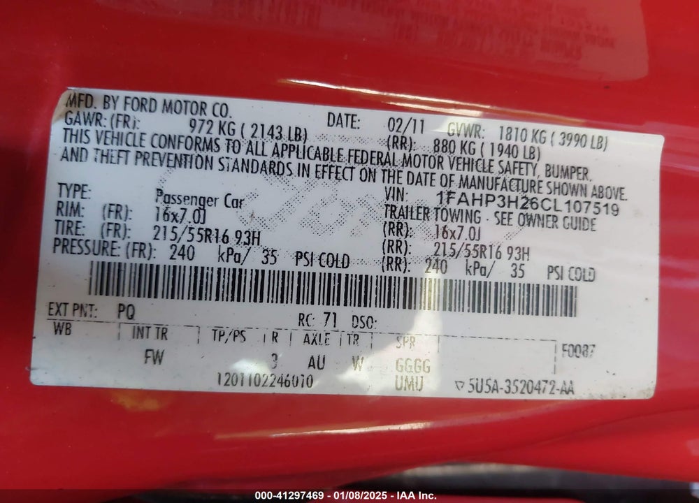 2012 FORD FOCUS VIN: 1FAHP3H26CL107519