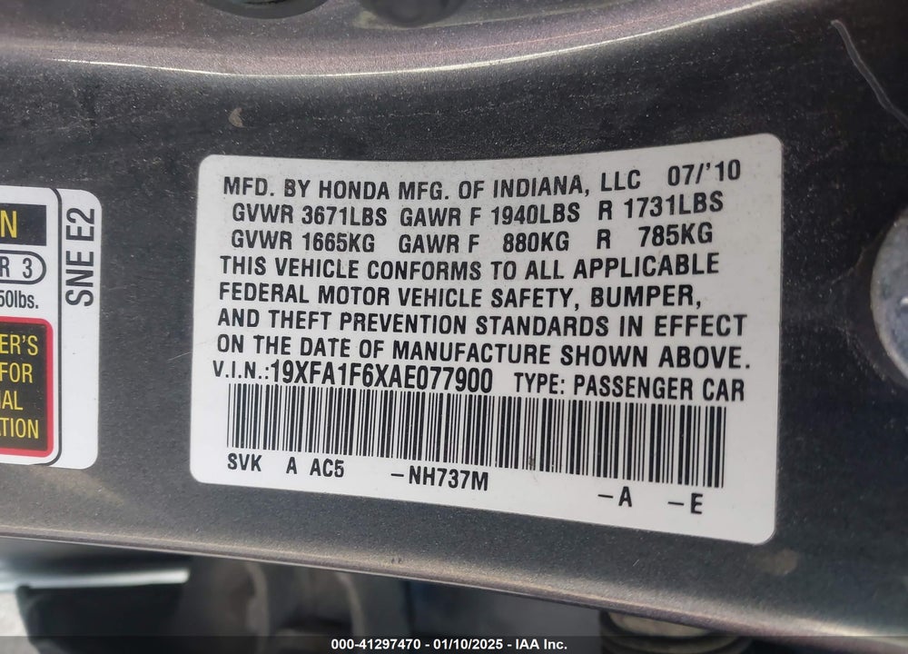 2010 HONDA CIVIC VIN: 19XFA1F6XAE077900