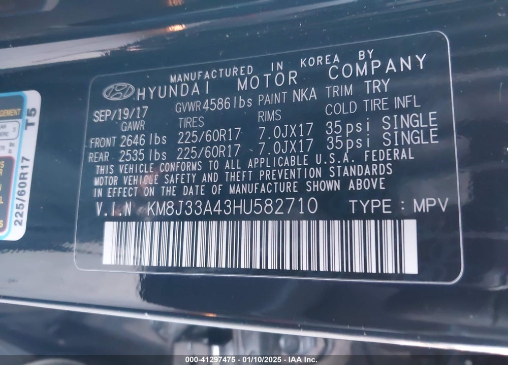 2017 HYUNDAI TUCSON SE VIN: KM8J33A43HU582710