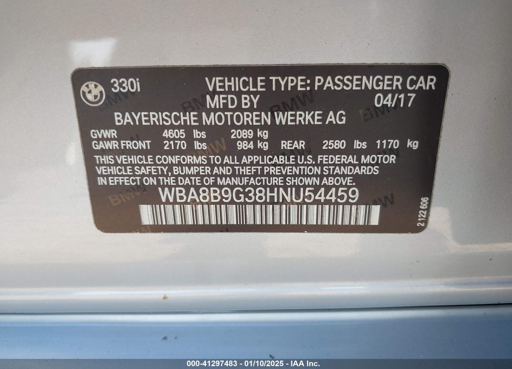 2017 BMW 330 VIN: WBA8B9G38HNU54459