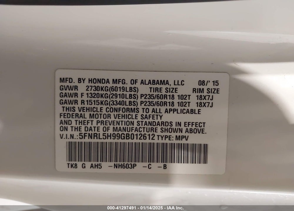 2016 HONDA ODYSSEY TOURING/TOURING ELITE VIN: 5FNRL5H99GB012612