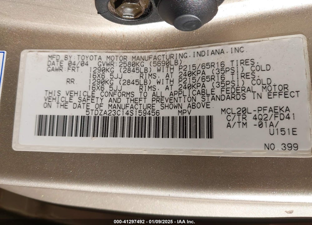 2004 TOYOTA SIENNA CE VIN: 5TDZA23C14S159456
