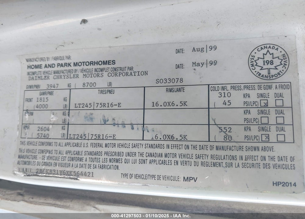 1999 DODGE RAM VAN 3500 COMMERCIAL/CONVERSION VIN: 2B6KB31Y6XK564421