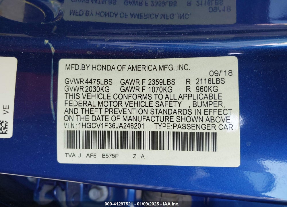 2018 HONDA ACCORD SPORT VIN: 1HGCV1F36JA246201