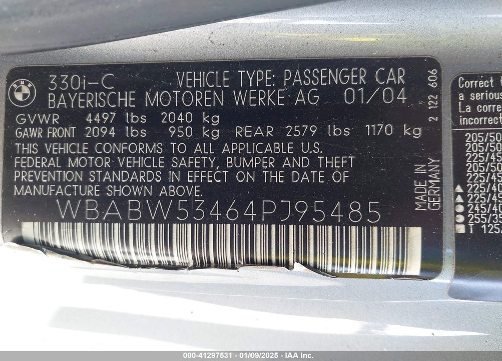 2004 BMW 330CI VIN: WBABW53464PJ95485