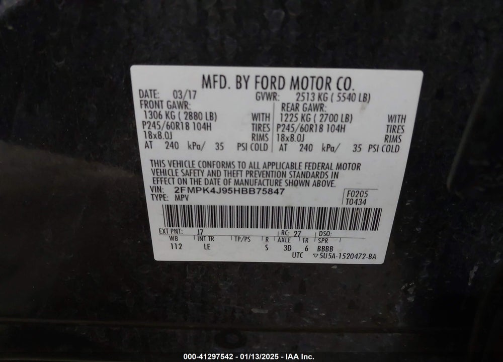 2017 FORD EDGE SEL VIN: 2FMPK4J95HBB75847