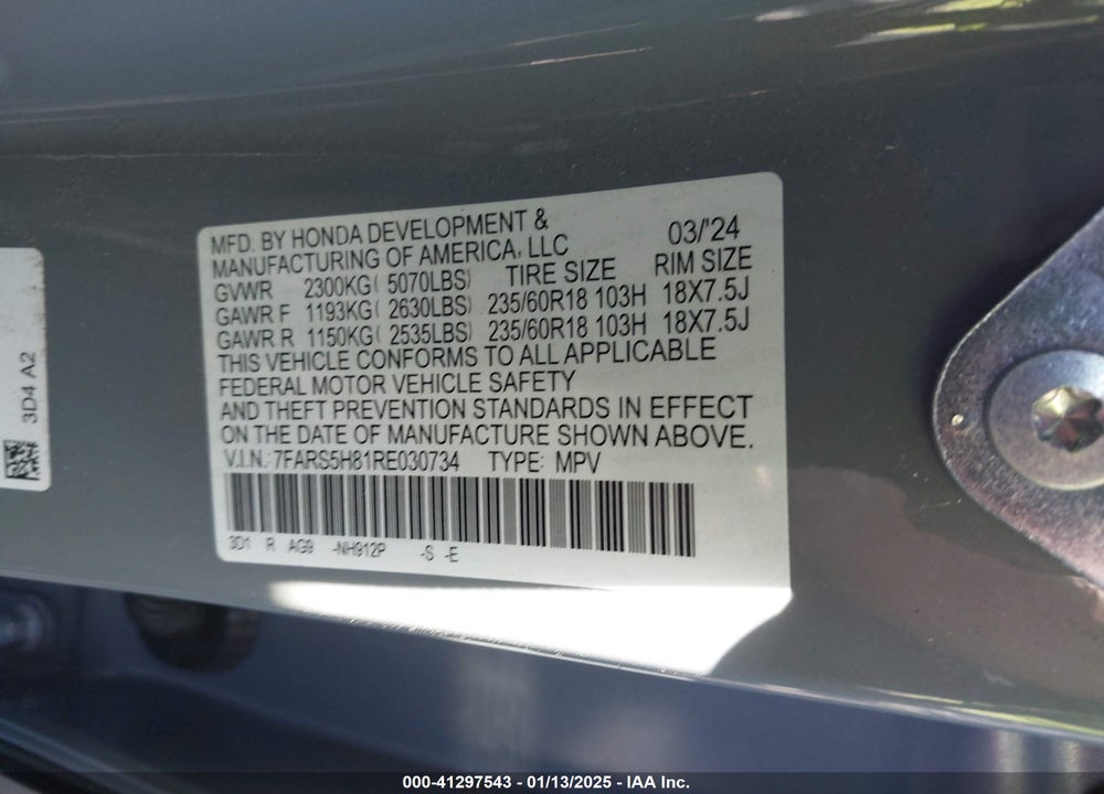 2024 HONDA CR-V HYBRID SPORT-L VIN: 7FARS5H81RE030734