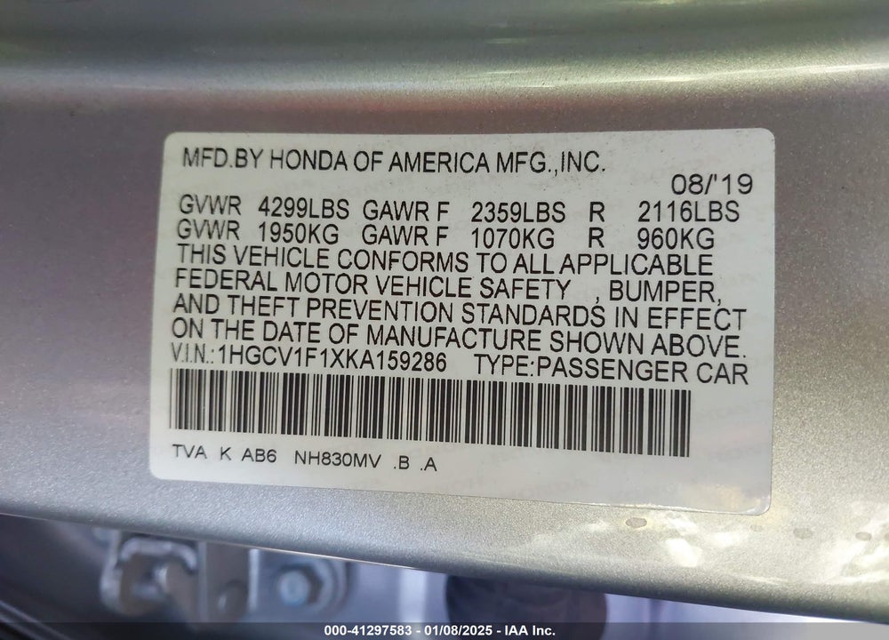 2019 HONDA ACCORD VIN: 1HGCV1F1XKA159286