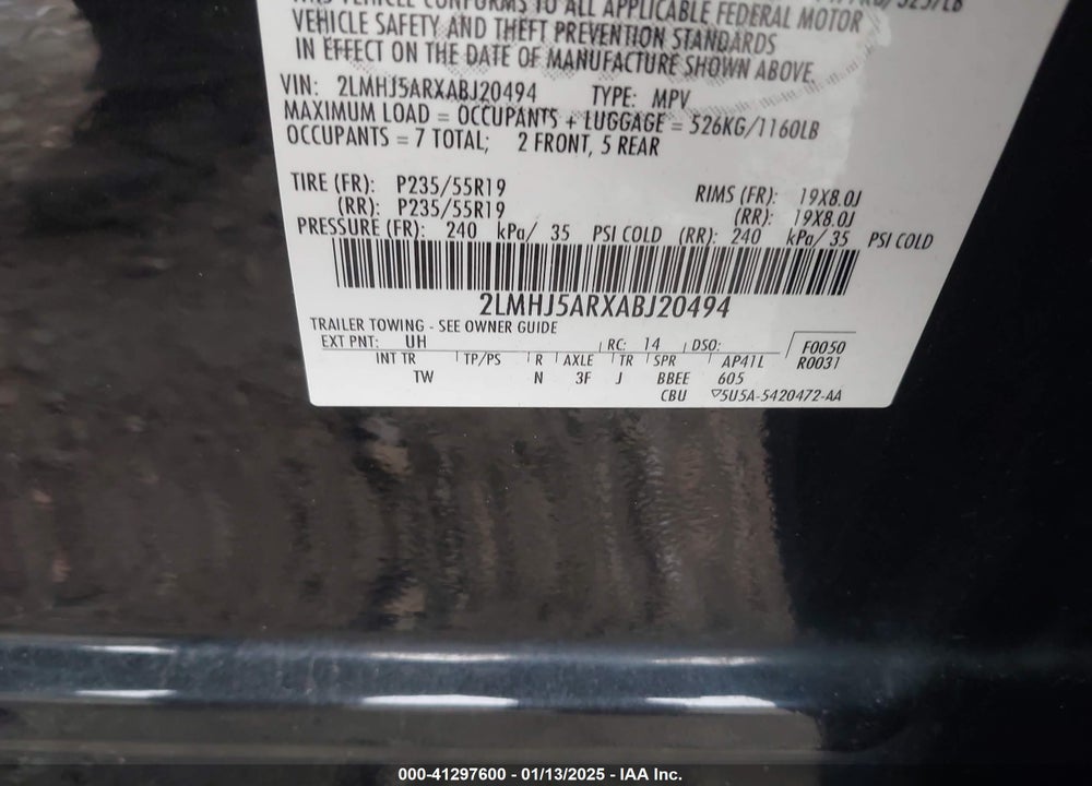 2010 LINCOLN MKT VIN: 2LMHJ5ARXABJ20494