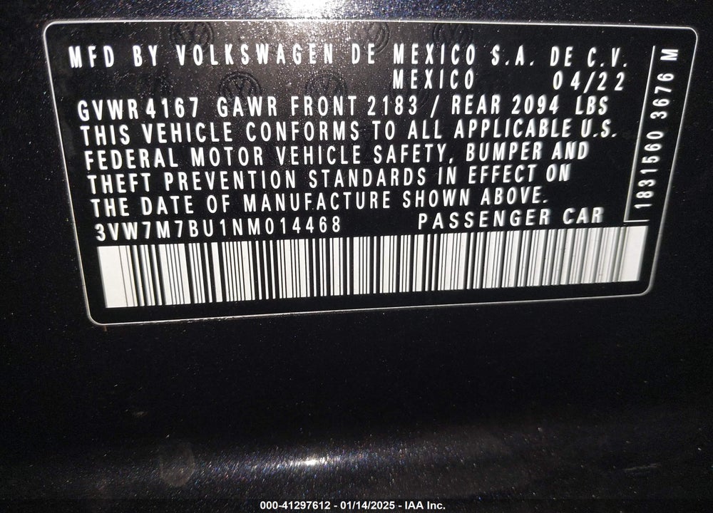 2022 VOLKSWAGEN JETTA VIN: 3VW7M7BU1NM014468