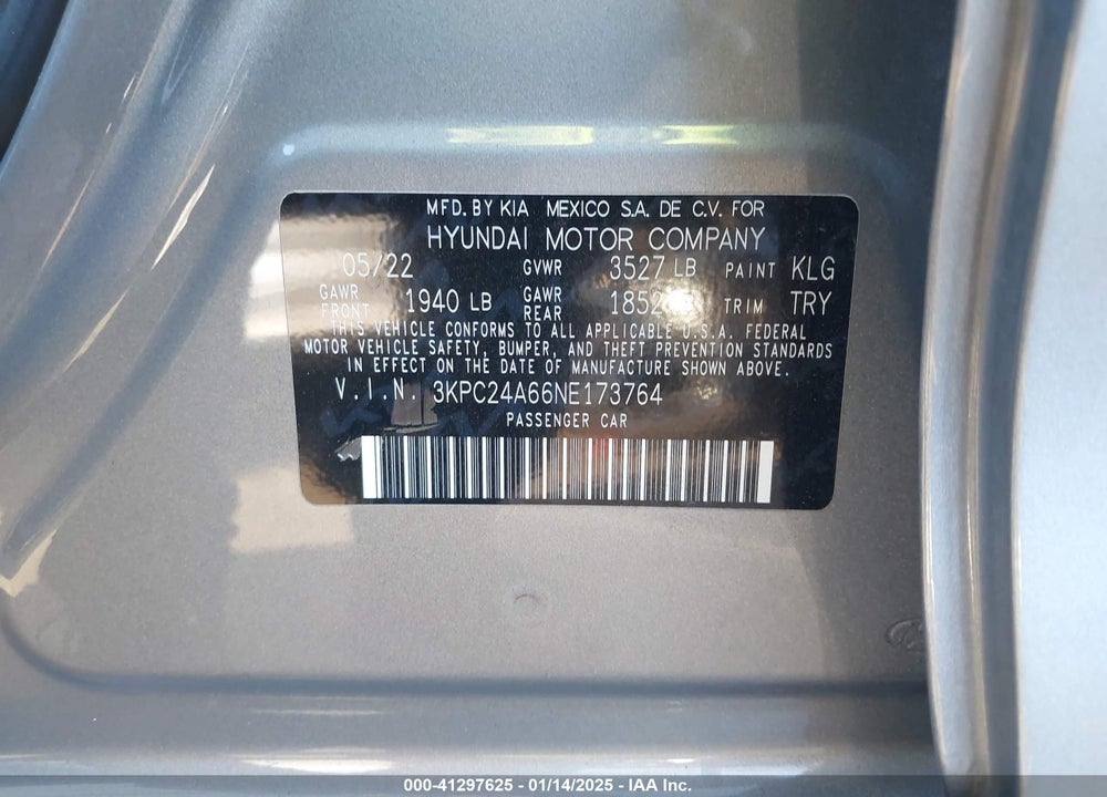 2022 HYUNDAI ACCENT VIN: 3KPC24A66NE173764