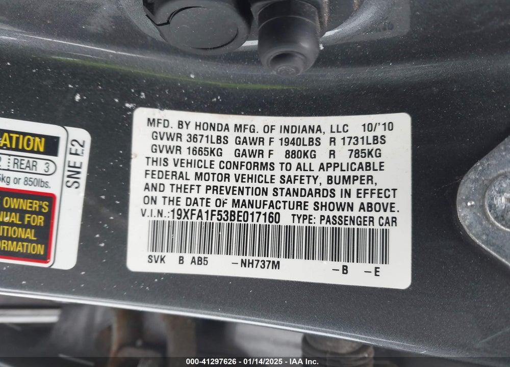 2011 HONDA CIVIC VIN: 19XFA1F53BE017160