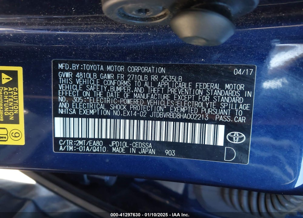 2017 TOYOTA MIRAI VIN: JTDBVRBD8HA002213