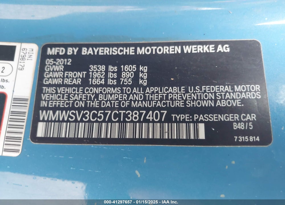 2012 MINI COOPER VIN: WMWSV3C57CT387407