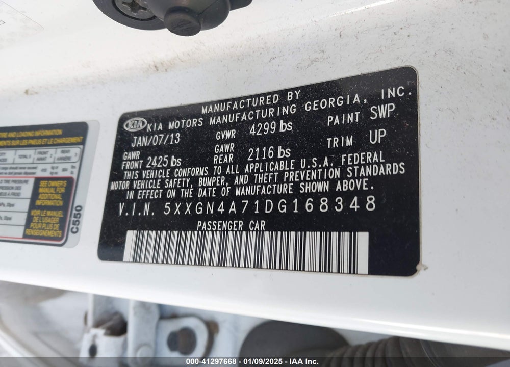 2013 KIA OPTIMA VIN: 5XXGN4A71DG168348