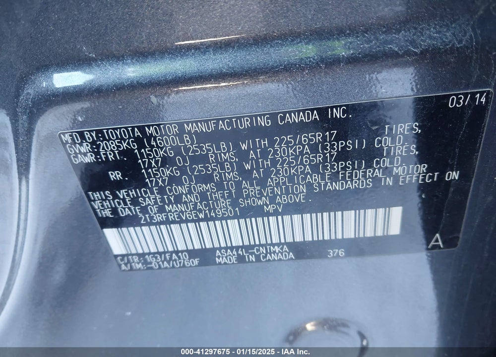 2014 TOYOTA RAV4 XLE VIN: 2T3RFREV6EW149501