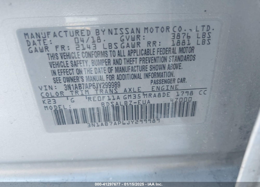 2018 NISSAN SENTRA VIN: 3N1AB7AP6JY299989