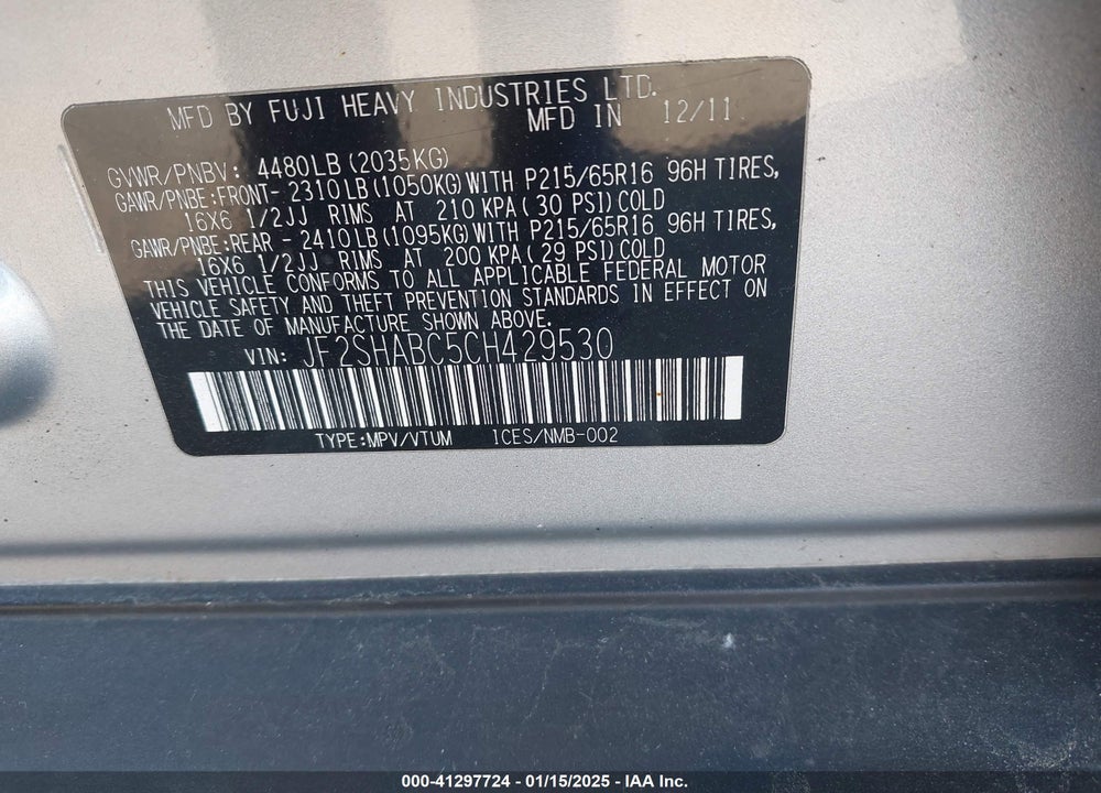 2012 SUBARU FORESTER 2.5X VIN: JF2SHABC5CH429530