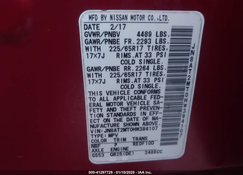 2017 NISSAN ROGUE SV VIN: JN8AT2MT0HW394107