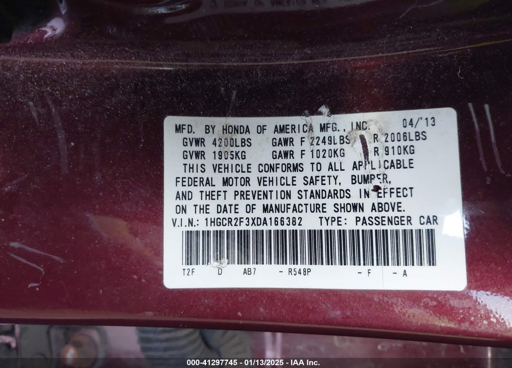 2013 HONDA ACCORD VIN: 1HGCR2F3XDA166382