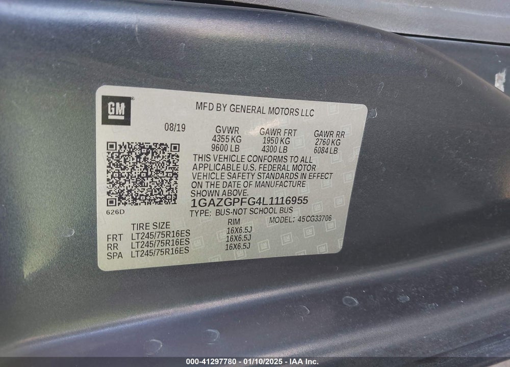 2020 CHEVROLET EXPRESS PASSENGER RWD 3500 EXTENDED WHEELBASE LT VIN: 1GAZGPFG4L1116955