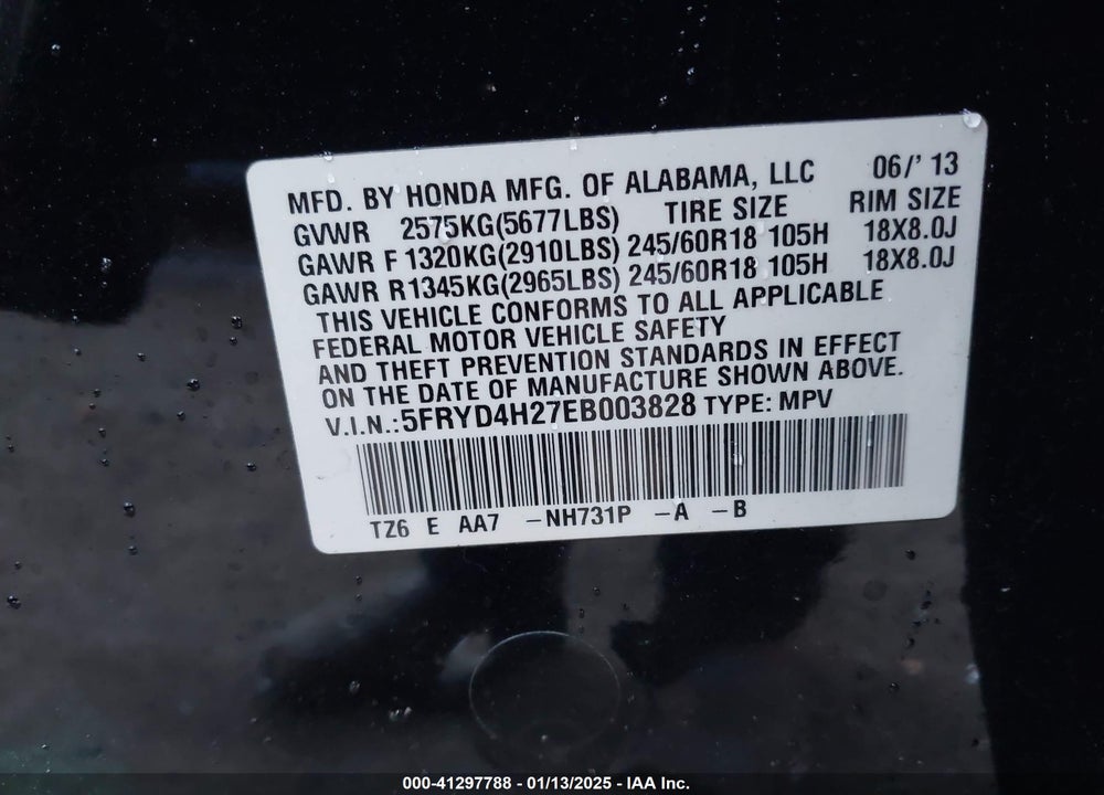 2014 ACURA MDX VIN: 5FRYD4H27EB003828