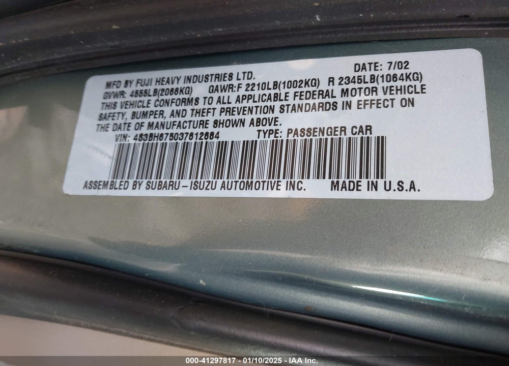 2003 SUBARU OUTBACK VIN: 4S3BH675037612684