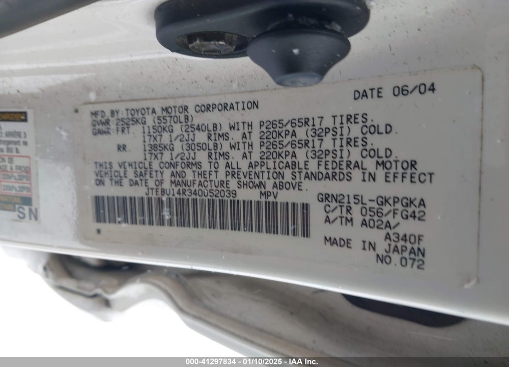 2004 TOYOTA 4RUNNER SR5 V6 VIN: JTEBU14R340052039