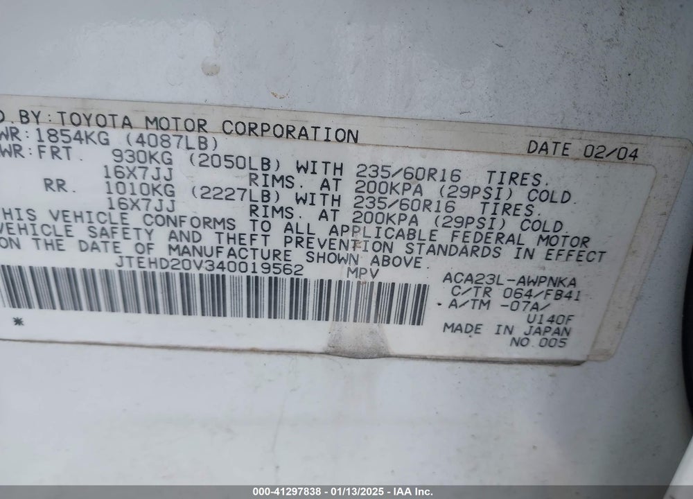 2004 TOYOTA RAV4 VIN: JTEHD20V340019562