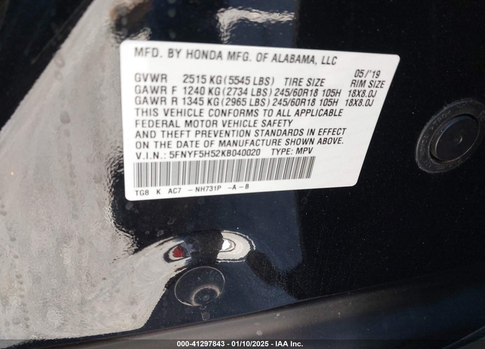 2019 HONDA PILOT EX-L VIN: 5FNYF5H52KB040020