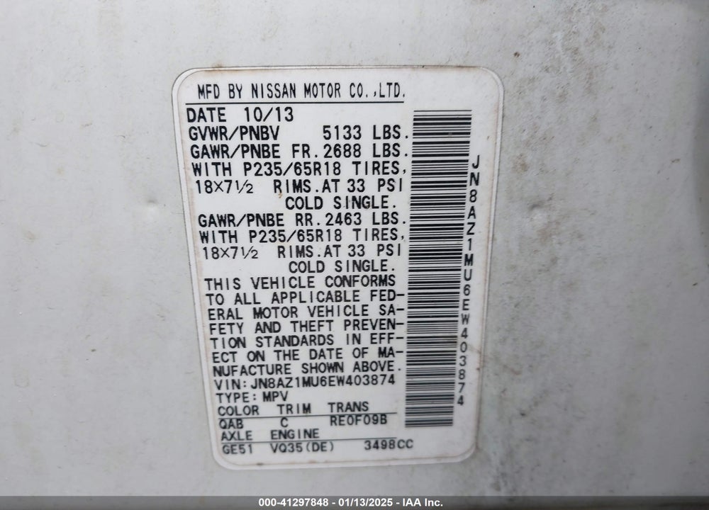 2014 NISSAN MURANO SV VIN: JN8AZ1MU6EW403874