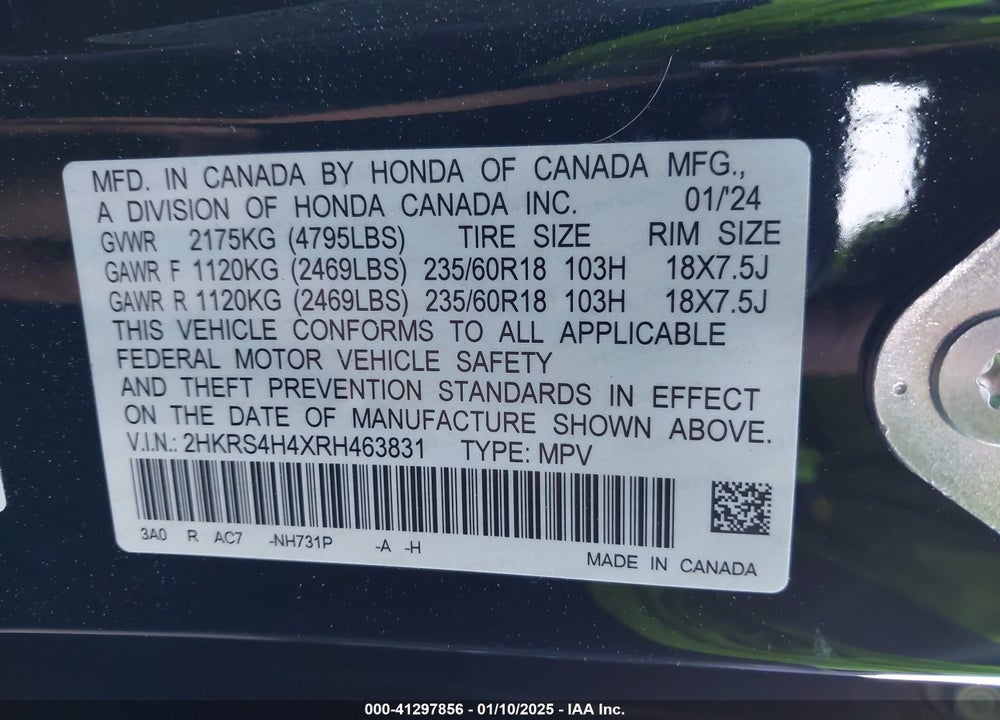 2024 HONDA CR-V EX AWD VIN: 2HKRS4H4XRH463831