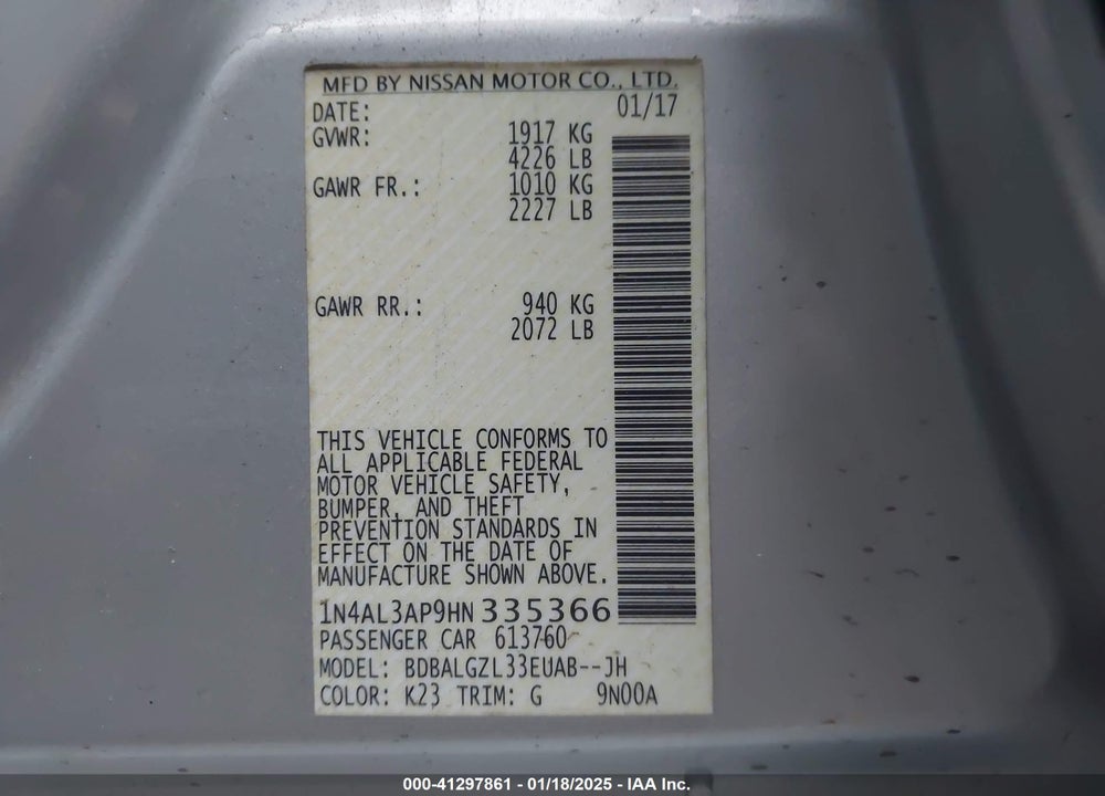 2017 NISSAN ALTIMA VIN: 1N4AL3AP9HN335366