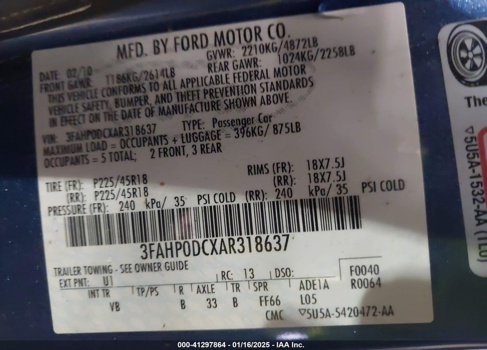 2010 FORD FUSION SPORT VIN: 3FAHP0DCXAR318637