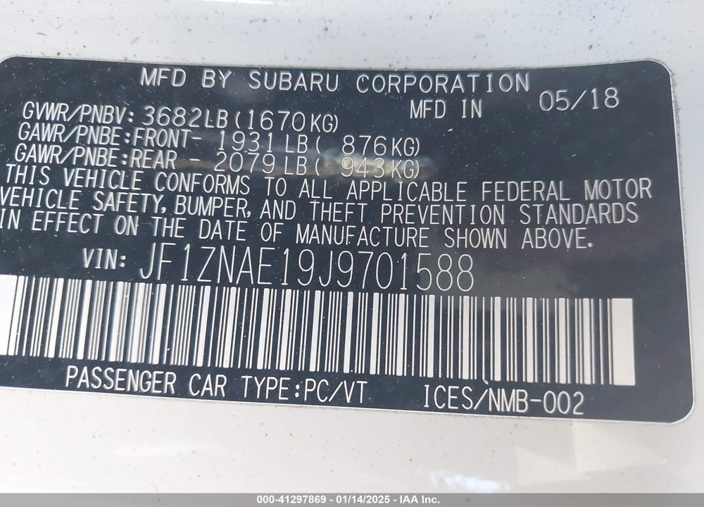 2018 TOYOTA 86 VIN: JF1ZNAE19J9701588
