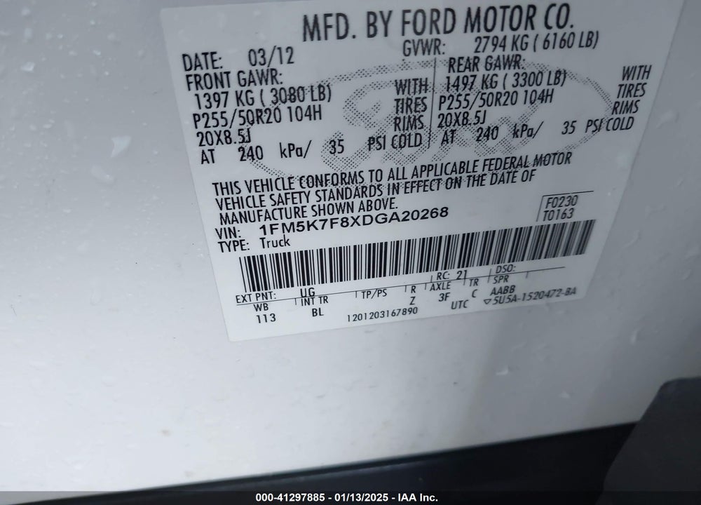 2013 FORD EXPLORER LIMITED VIN: 1FM5K7F8XDGA20268