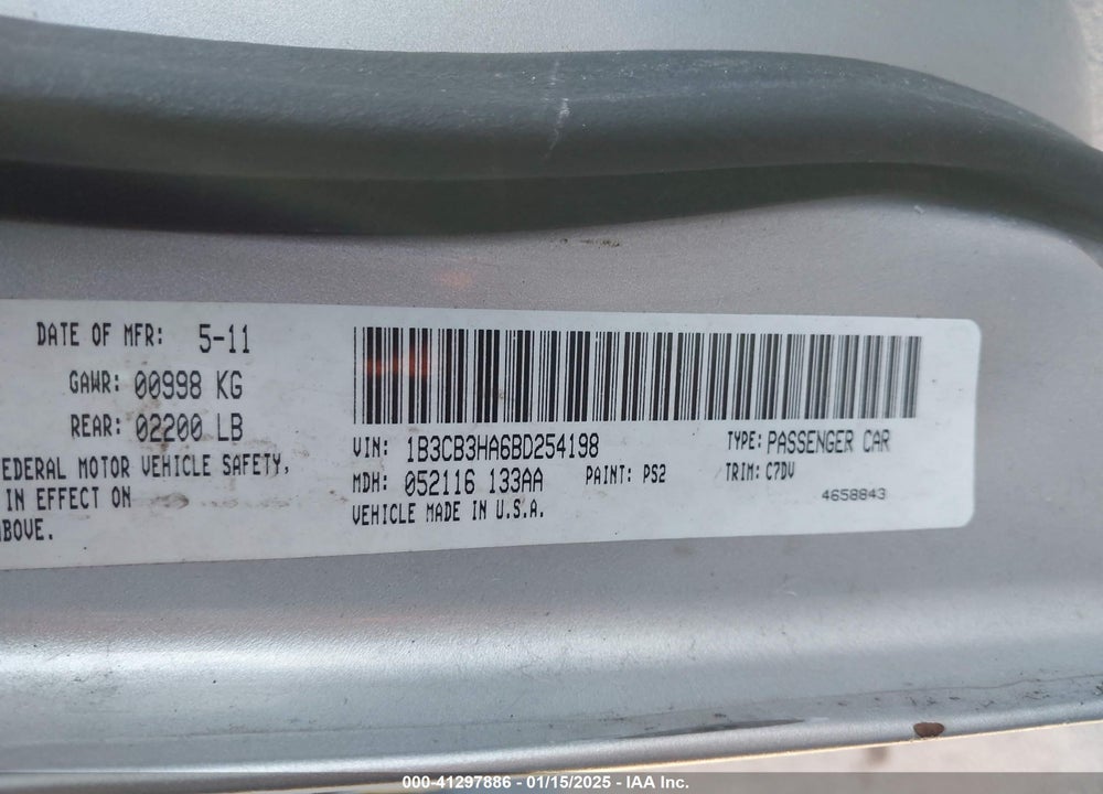 2011 DODGE CALIBER VIN: 1B3CB3HA6BD254198