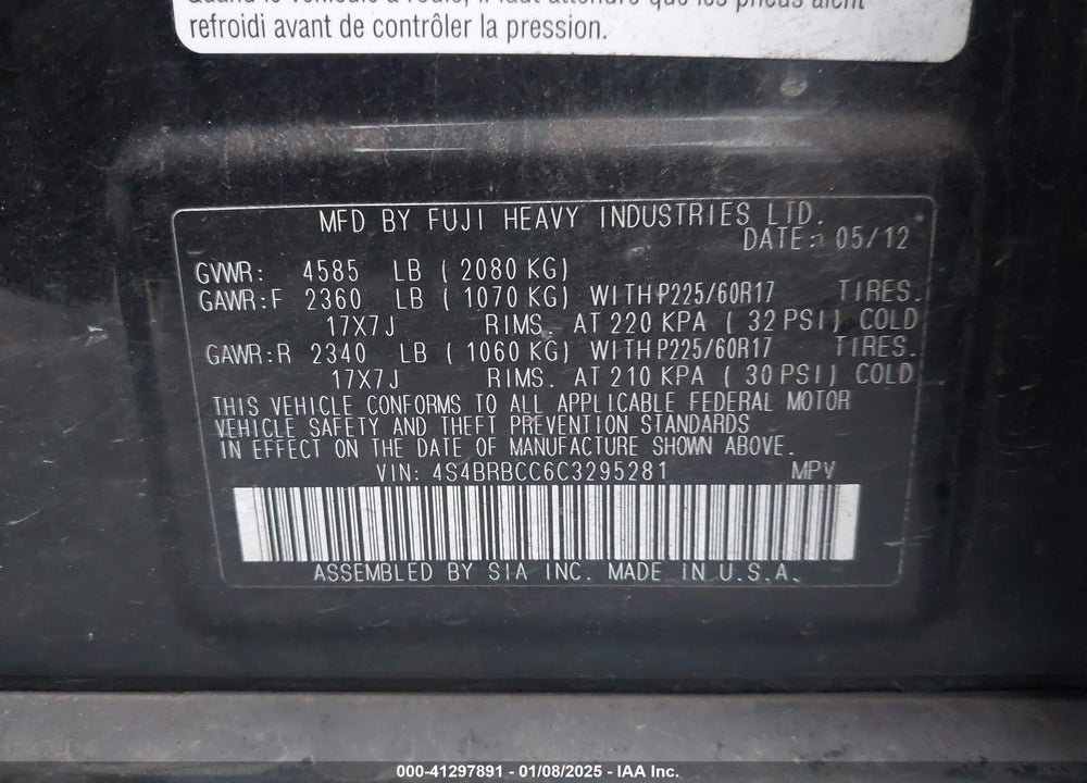 2012 SUBARU OUTBACK 2.5I PREMIUM VIN: 4S4BRBCC6C3295281
