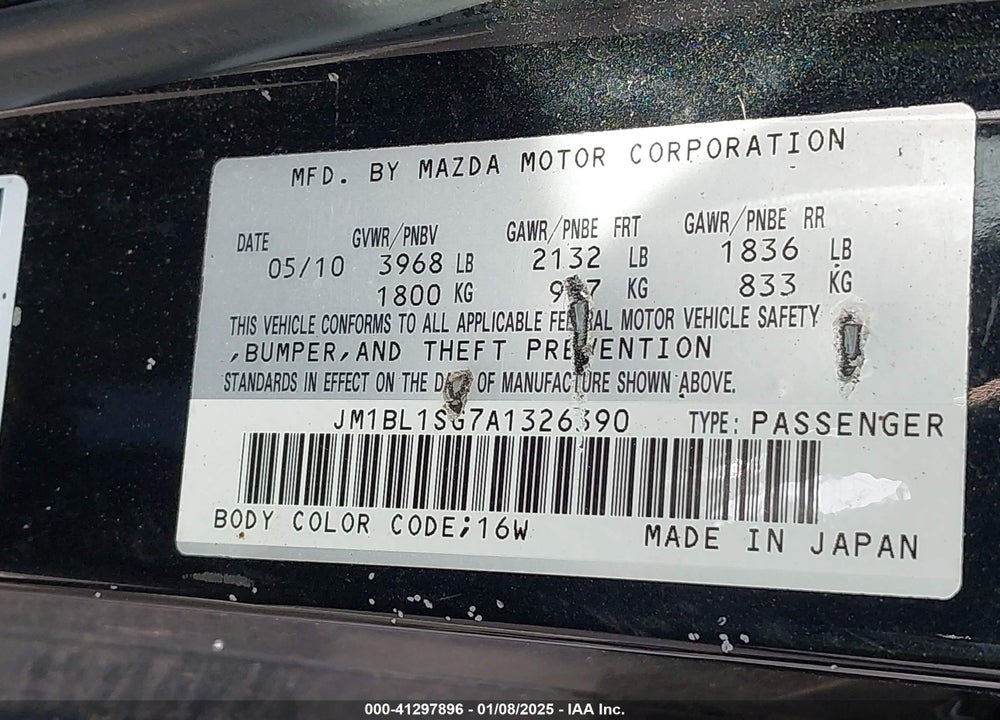 2010 MAZDA 3 I TOURING VIN: JM1BL1SG7A1326390