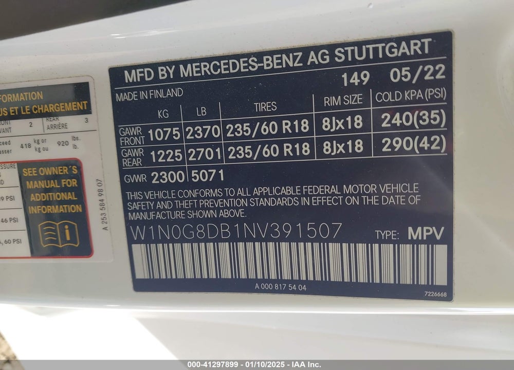 2022 MERCEDES-BENZ GLC 300 VIN: W1N0G8DB1NV391507