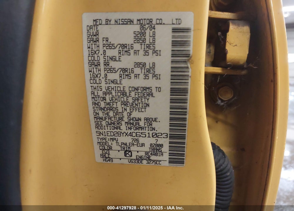 2004 NISSAN XTERRA XE VIN: 5N1ED28YX4C651023