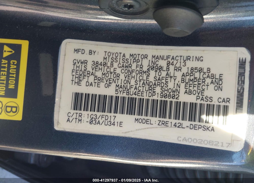 2013 TOYOTA COROLLA S VIN: 5YFBU4EE1DP190802