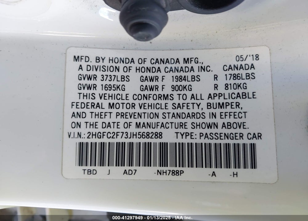 2018 HONDA CIVIC VIN: 2HGFC2F73JH568288